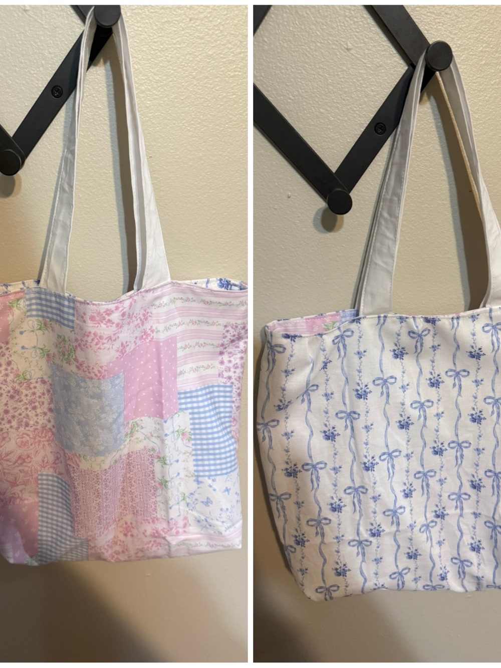 Handmade Reversible Patchwork Floral Tote Bag - Pink and Blue Bows